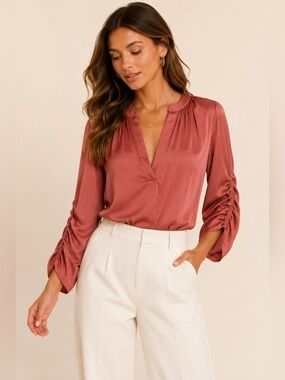 Philosophy Republic Clothing Dusty Rose Satin Blouse | Ruched Sleeve Top | XS
